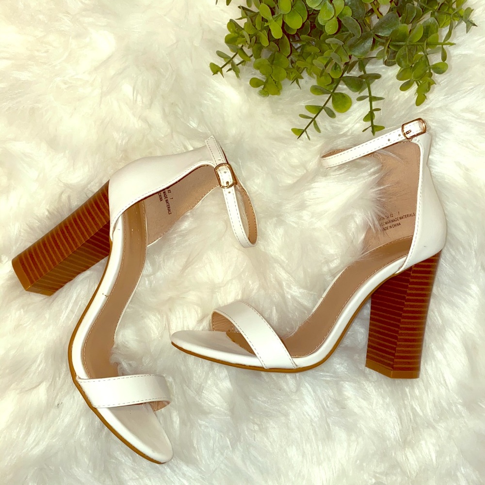 White ankle strap heels